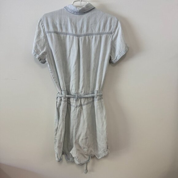 Bella Dahl Light Blue Chambray Short Sleeve Rolled Hem Tie Waist Utility Romper - Picture 8 of 9
